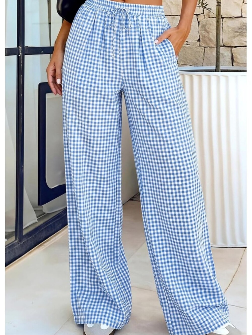 Blue Gingham Wide-Leg Pants - Casual Pull-On